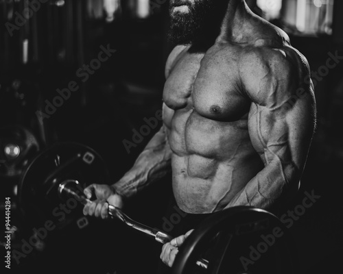 Faceless topless man doing an exercise with a barbell in the gym. Bicep curls with weights. Monochrome.  photo