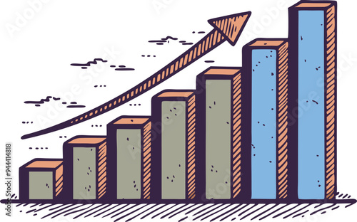 Bar graph with upward trend and flying birds symbolizing growth, success, and progress in handdrawn illustration photo