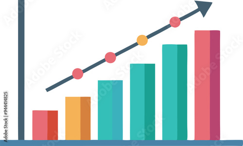 Flat vector bar graph with an upward trend arrow and colorful bars symbolizing business growth and success