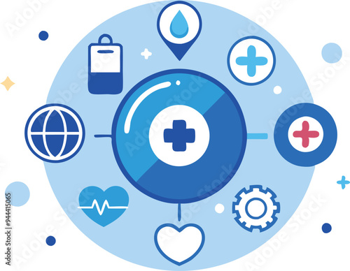 Medical icons in a circular pattern around a cross symbol representing healthcare and medical services photo