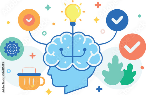 Brain with various business and idearelated icons representing creativity, problemsolving, and innovation photo