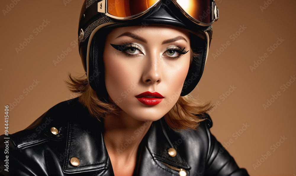 Fototapeta premium A woman wearing a black leather jacket and a helmet with goggles looks directly at the camera