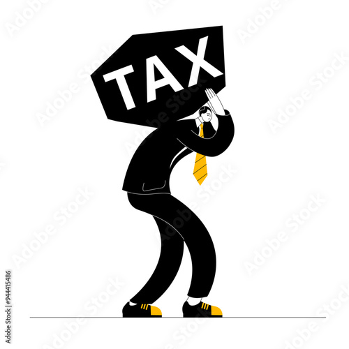 A man in a business suit drags a huge stone with the inscription Tax. Funny vector illustration in cartoon caricature style.