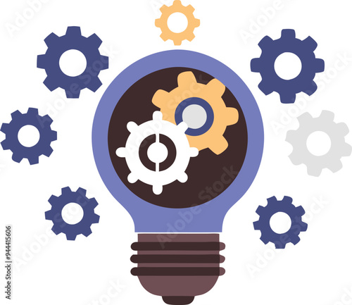 Light bulb filled with gears representing mechanical innovation, productivity, and creativity in a flat vector design