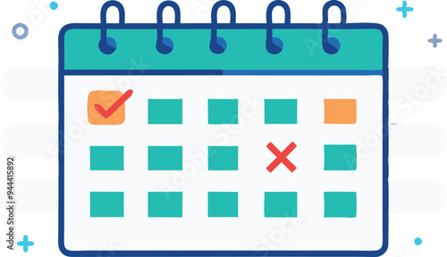 Calendar with various icons representing planning, tasks, and scheduling in vector illustration