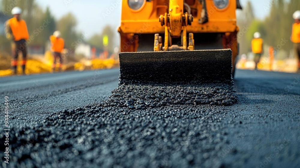 A construction crew applying a fresh layer of asphalt to a road under construction A construction crew applying a fresh layer of asphalt to a road under construction