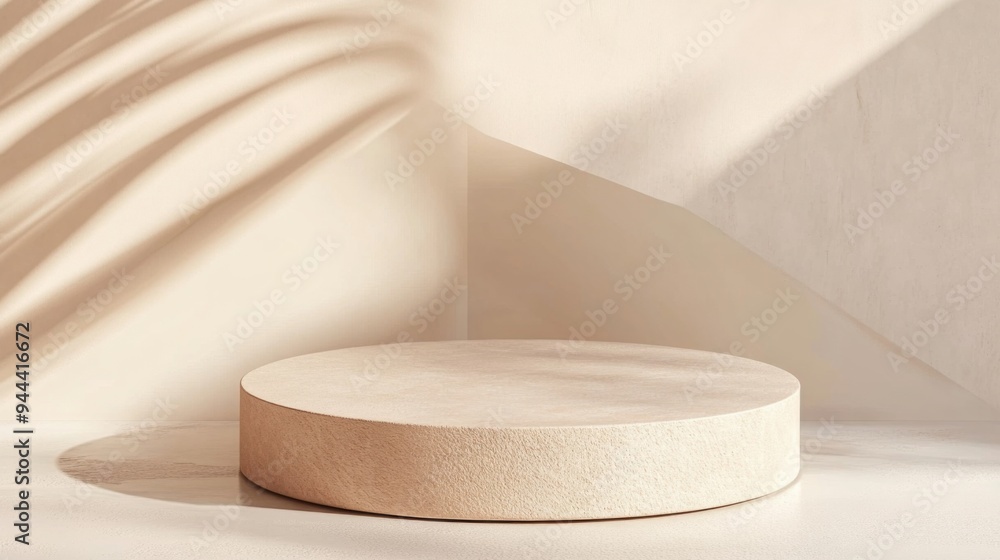 Round Beige Podium Set Against Off-White Background for Product Display or Presentation Round Beige Podium Set Against Off-White Background for Product Display or Presentation