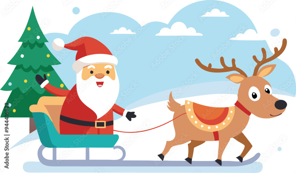 Santa Claus riding a sleigh pulled by a reindeer through a snowy landscape, representing Christmas joy and tradition Santa Claus riding a sleigh pulled by a reindeer through a snowy landscape, representing Christmas joy and tradition