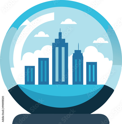 Snow globe with skyscrapers inside, symbolizing urban lifestyle and city beauty in a vector design photo