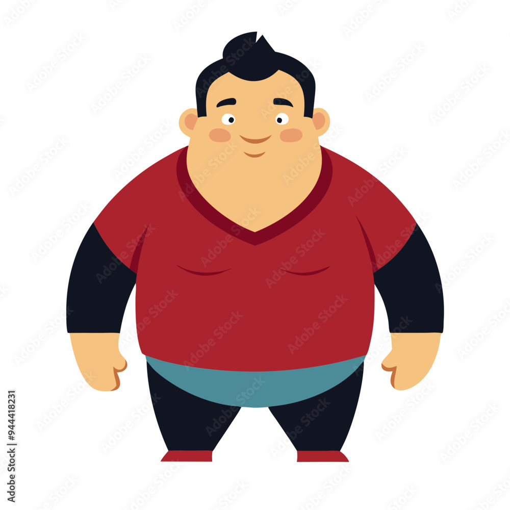 Fototapeta premium Overweight Cartoon Man in Red Shirt Vector Illustration for Health Wellness Projects