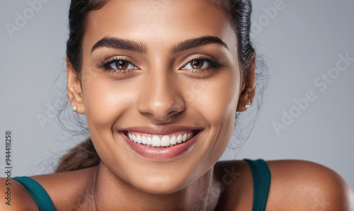 A woman with long brown hair smiles at the camera while wearing a teal tank top photo