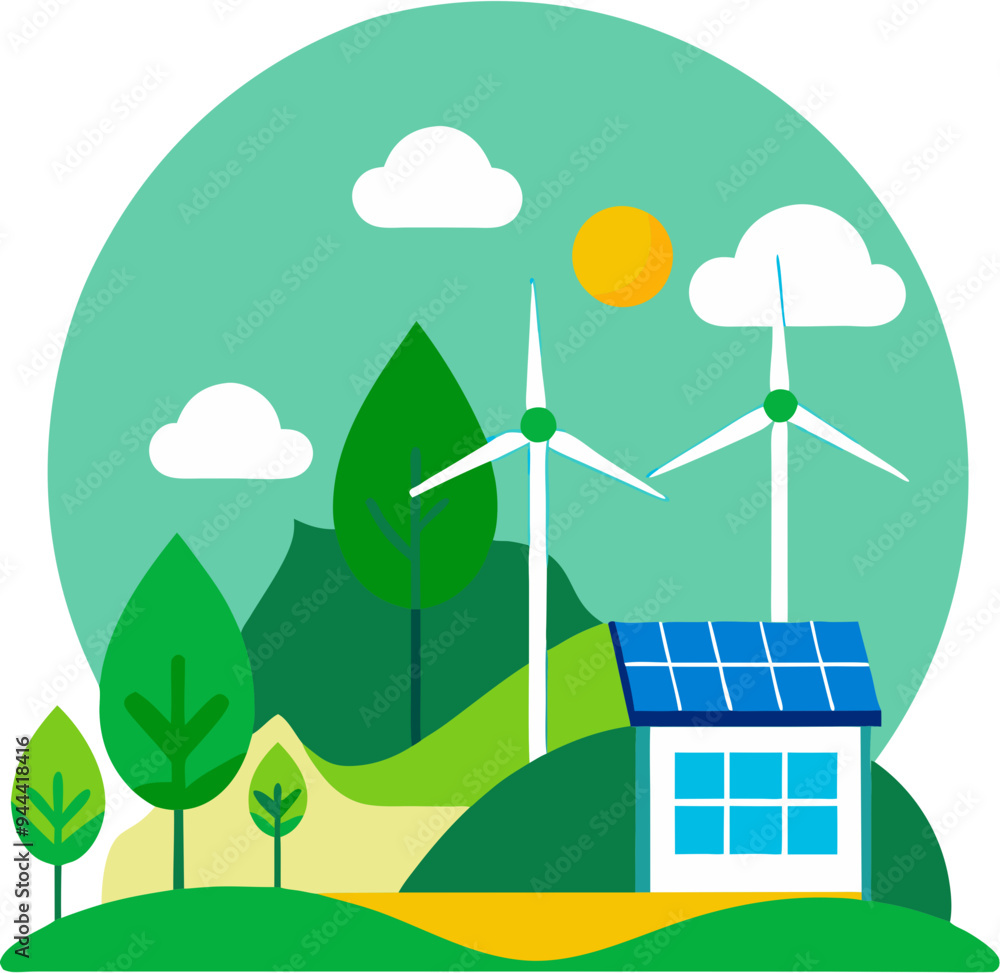 Renewable Energy Vector Illustration Solar Panels Wind Turbines Sustainable Eco-Friendly Landscape Renewable Energy Vector Illustration Solar Panels Wind Turbines Sustainable Eco-Friendly Landscape