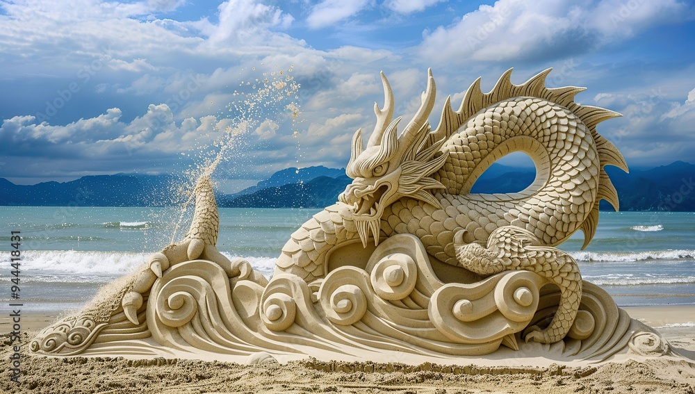 Fototapeta premium A sand sculpture of a Chinese dragon on the beach, with waves in front and a blue sky behind it