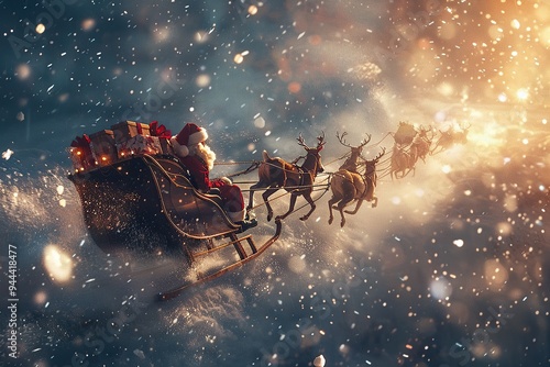 A Santa Claus in his sleigh flying through the sky with reindeer pulling it