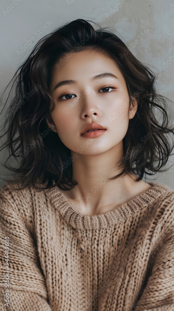 Stylish Asian woman in beige knitwear Stylish Asian woman in beige knitwear
