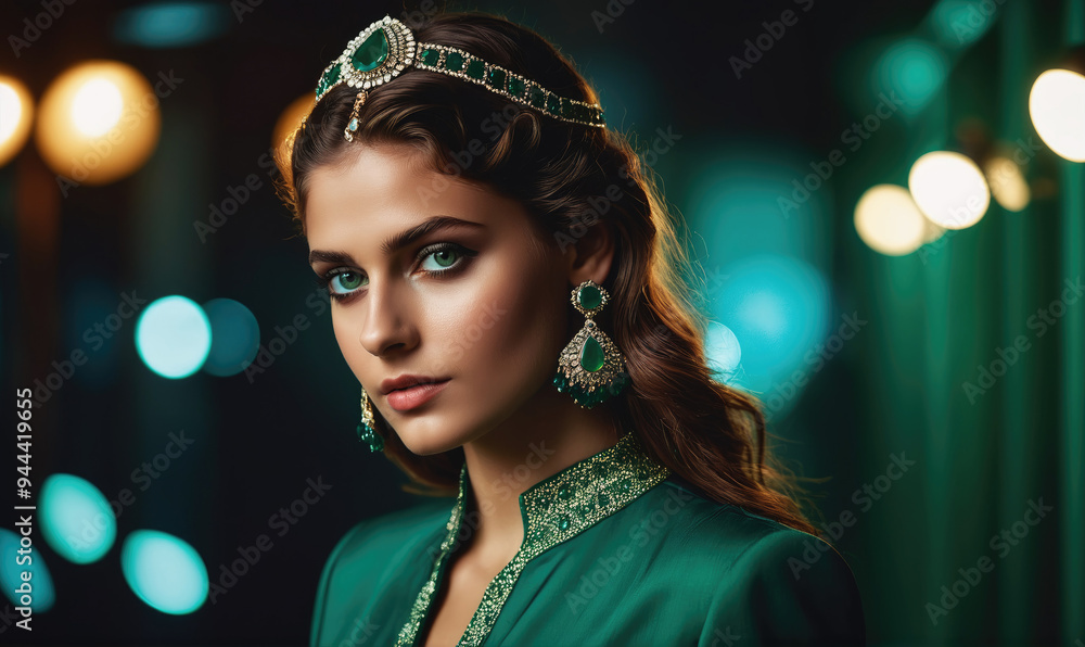 A woman in a green dress and emerald jewelry poses for a portrait in front of a blurred background of lights A woman in a green dress and emerald jewelry poses for a portrait in front of a blurred background of lights