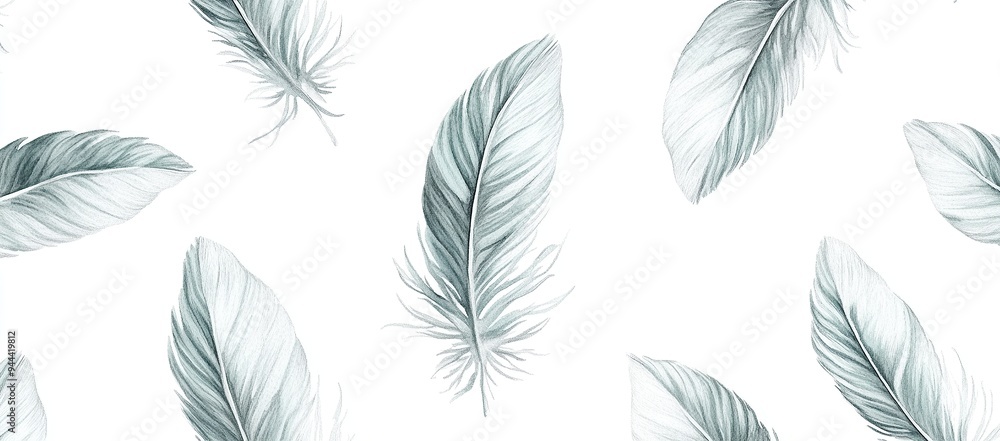 A seamless pattern of light gray and mint green feathers, hand drawn with watercolor A seamless pattern of light gray and mint green feathers, hand drawn with watercolor