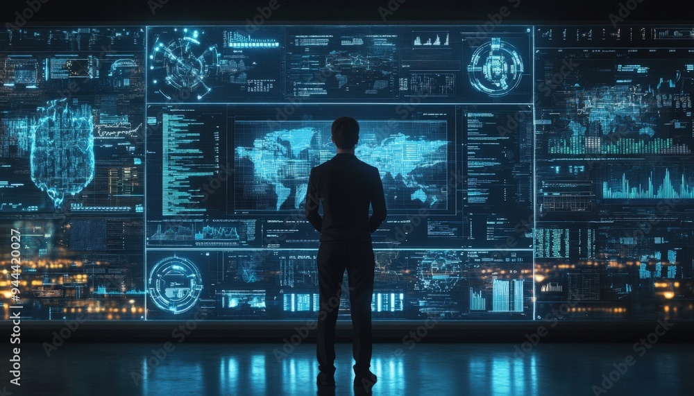 A professional analyzing large digital data visualizations in a high-tech environment during a nighttime view of the city skyline A professional analyzing large digital data visualizations in a high-tech environment during a nighttime view of the city skyline