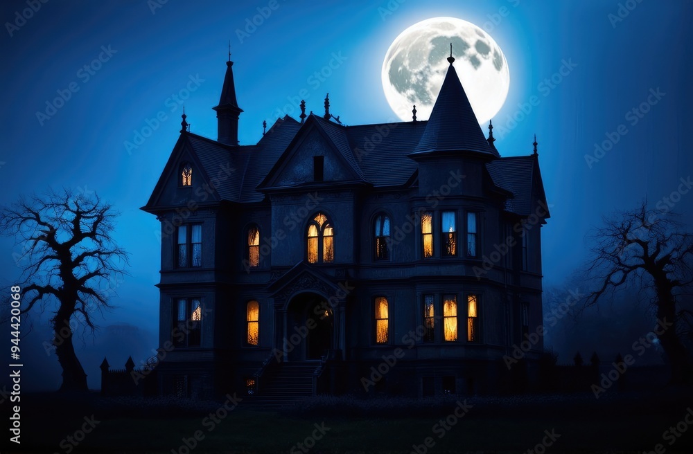 dark eerie Victorian haunted mansion on foggy Halloween night with twisted trees and full moon dark eerie Victorian haunted mansion on foggy Halloween night with twisted trees and full moon