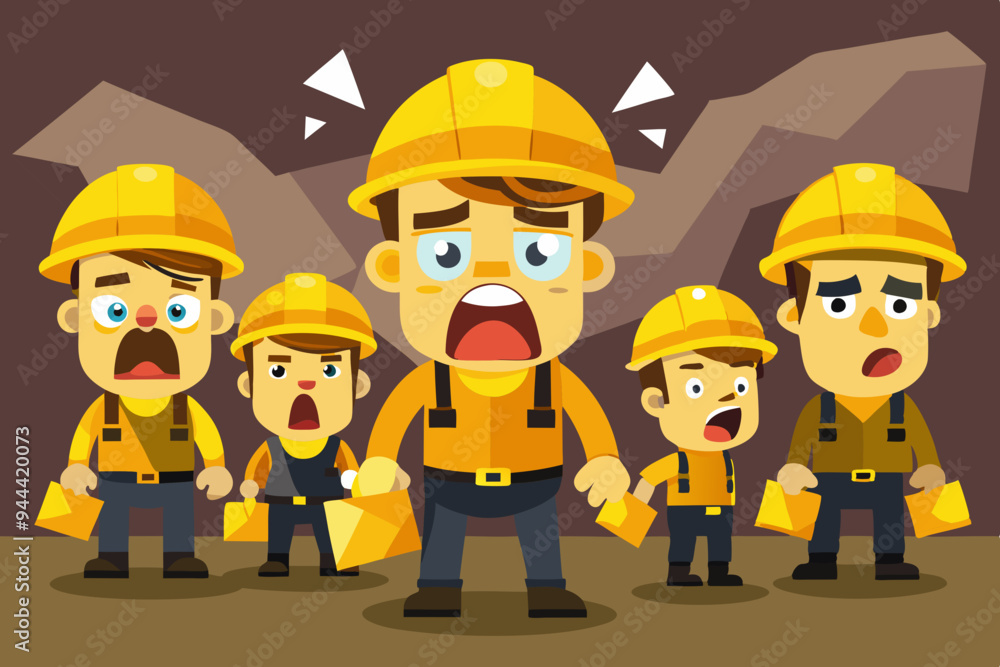 A series of animated miners in yellow helmets showing a range of emotions from determination to frustration, highlighting the challenges and dedication in mining professions
