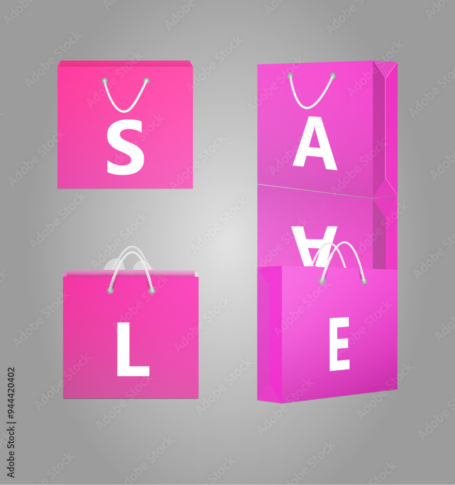 Pink sale bags with large white text, reflective design. Suitable for retail promotions, shopping events, and seasonal sales campaigns, ideal for attracting customers attention. Pink sale bags with large white text, reflective design. Suitable for retail promotions, shopping events, and seasonal sales campaigns, ideal for attracting customers attention.