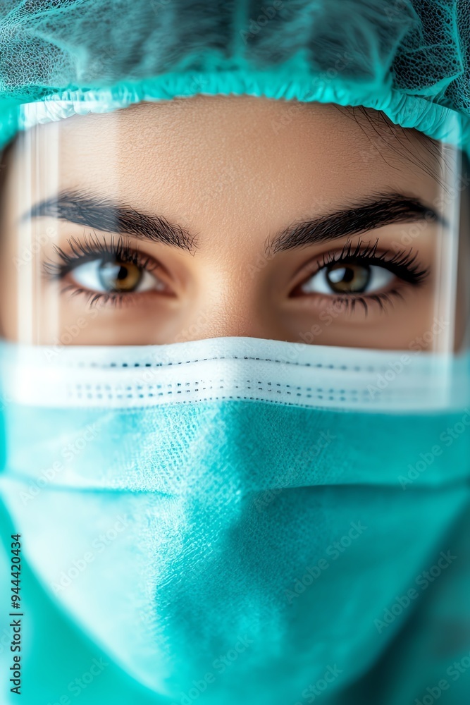 Close-up portrait of a healthcare professional with protective gear, emphasizing safety and dedication in medical environments. Close-up portrait of a healthcare professional with protective gear, emphasizing safety and dedication in medical environments.