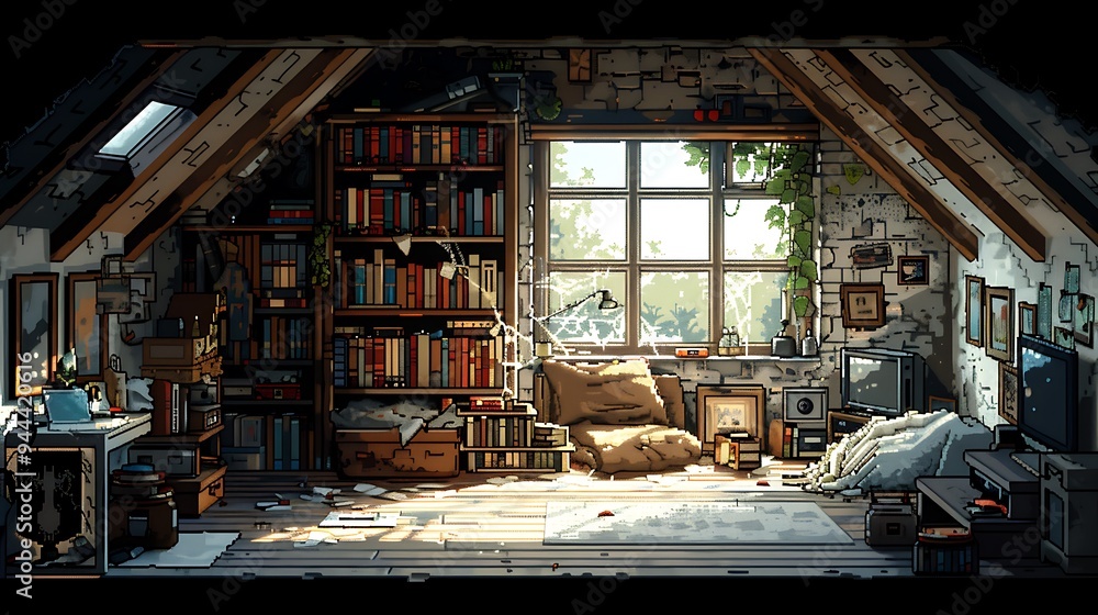A cozy attic room with a large window, a bookshelf filled with books, a comfy armchair, and a TV. A cozy attic room with a large window, a bookshelf filled with books, a comfy armchair, and a TV.