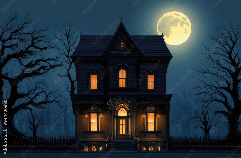 dark eerie Victorian haunted mansion on foggy Halloween night with twisted trees and full moon dark eerie Victorian haunted mansion on foggy Halloween night with twisted trees and full moon