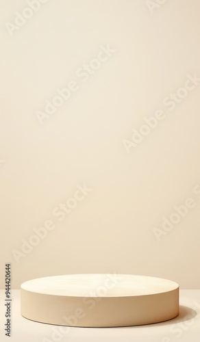 Wallpaper Mural Round Beige Podium with Soft Shadows and Highlights Against an Off-White Background, Illuminated by Natural Light with Monstera Leaf Shadow for Elegant Product Display Torontodigital.ca