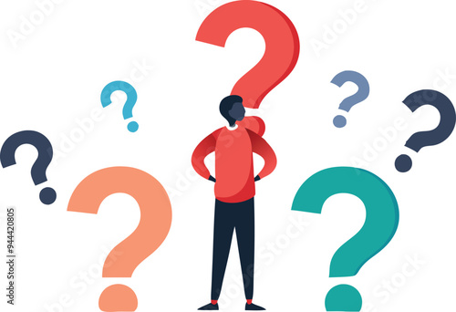 Person standing with question marks surrounding them, symbolizing confusion, doubt, and decisionmaking in vector design