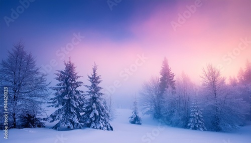 winter trees silhouetted in pink and blue fog dramatic snow covered woodland scene seasonal banner