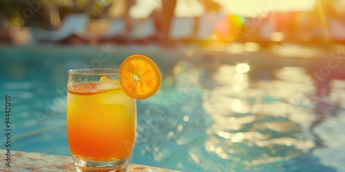 Tropical cocktail by the pool Glass of refreshing orange lemonade near poolside Non alcoholic summer drink by hotel pool Summertime vacation vibes photo