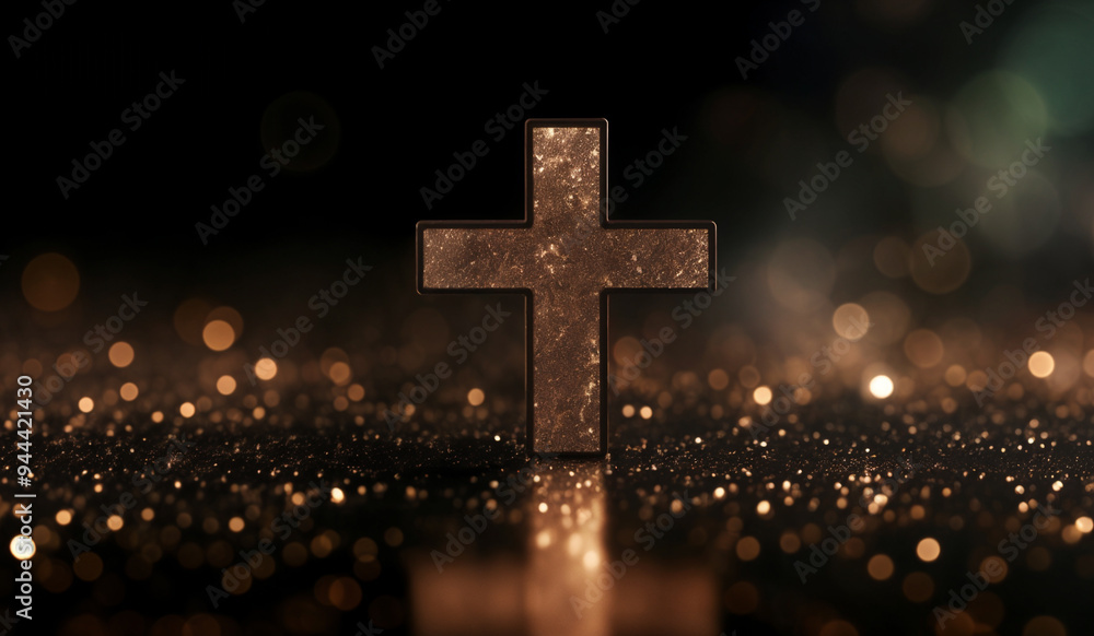 Brown holographic glowing Christian cross with copy space. Brown holographic glowing Christian cross with copy space.