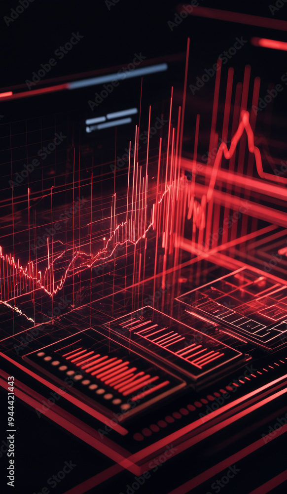 Naklejka premium Red holographic business chart in a digital cyberspace