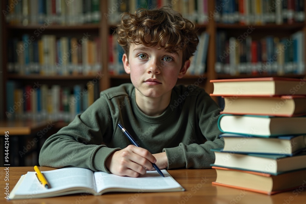 A young boy sits at a table surrounded by books, using a pen to take notes A young boy sits at a table surrounded by books, using a pen to take notes