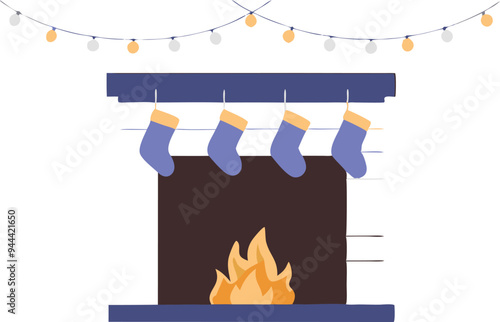 Simple decorated fireplace with stockings, symbolizing warmth and Christmas spirit in a flat vector design