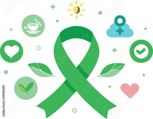 Green ribbon with ecofriendly icons, representing environmental awareness, sustainability, and support in a flat vector illustration
