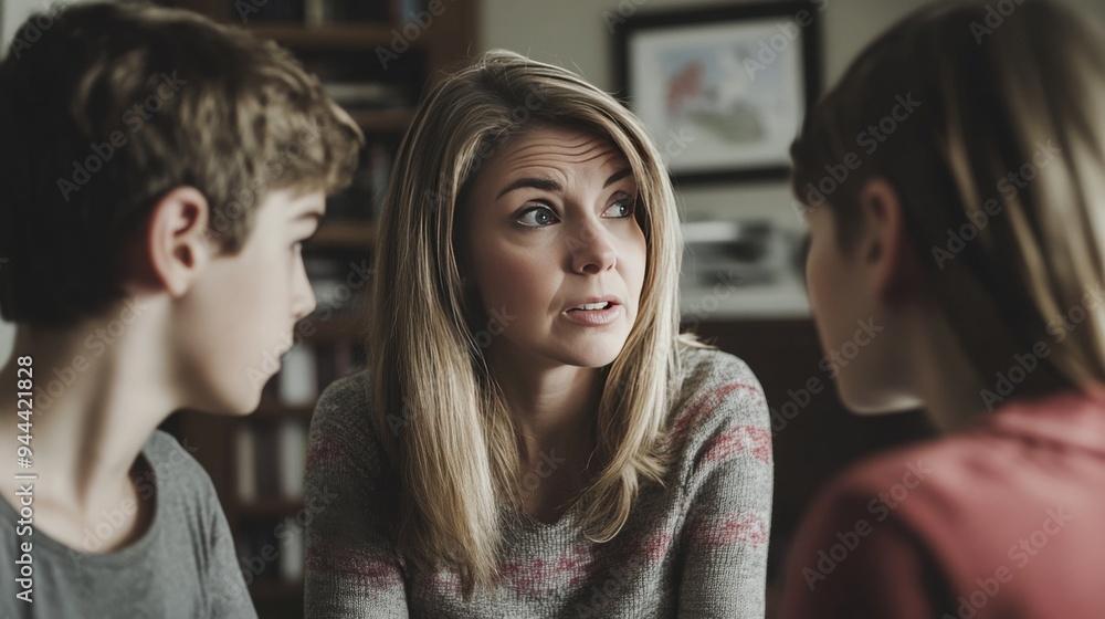 Serious Mom Delivering Important News to Two High School Kids: Capturing a Moment of Tension and Concern Serious Mom Delivering Important News to Two High School Kids: Capturing a Moment of Tension and Concern
