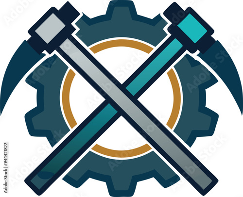 Crossed pickaxes and gears representing industry, labor, and mining in a vector design