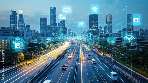 A futuristic city with 5G technology network towers, enabling ultra-fast wireless communication.