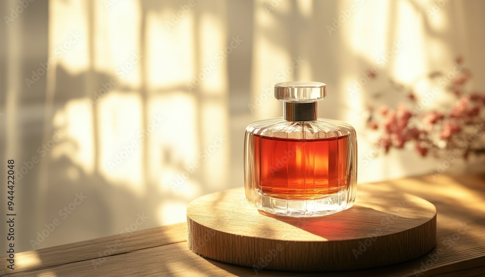 Elegant glass perfume bottle resting on a wooden surface with warm sunlight filtering through sheer curtains in a cozy room Elegant glass perfume bottle resting on a wooden surface with warm sunlight filtering through sheer curtains in a cozy room