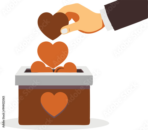 Hand placing hearts into a donation box, symbolizing generosity, kindness, and charity in a vector illustration