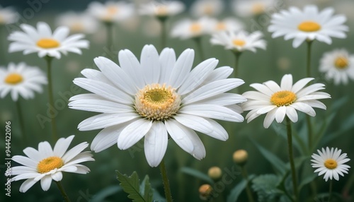 A close-up of a white daisy flower with a yellow center, surrounded by other daisy flowers in a field