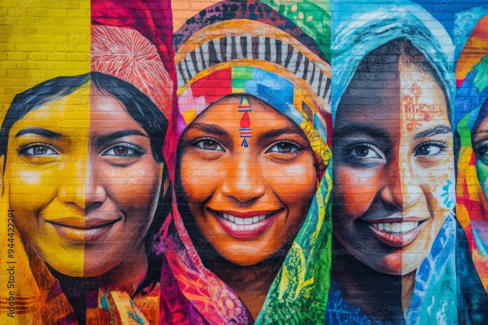 a bright and colorful mural depicting people from different cultures and countries coming together a bright and colorful mural depicting people from different cultures and countries coming together