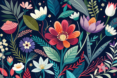 This image showcases a digitally created, vibrant floral pattern featuring various flowers with a dark background, highlighting the contrast and beauty of each element.
