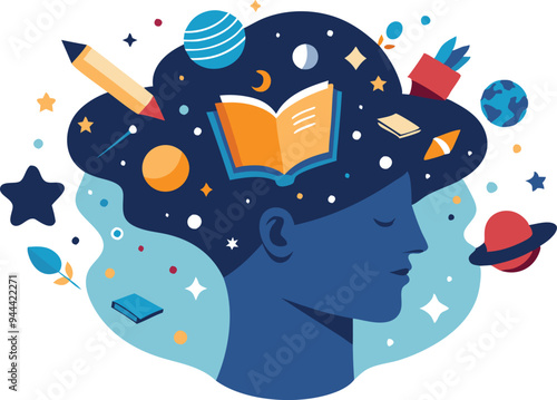 Human head filled with space and planets symbolizing imagination, creativity, and ideas in a handdrawn style