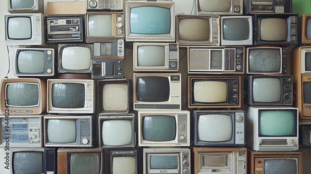 Fototapeta premium A collection of old vintage retro tv television sets in a stack. 