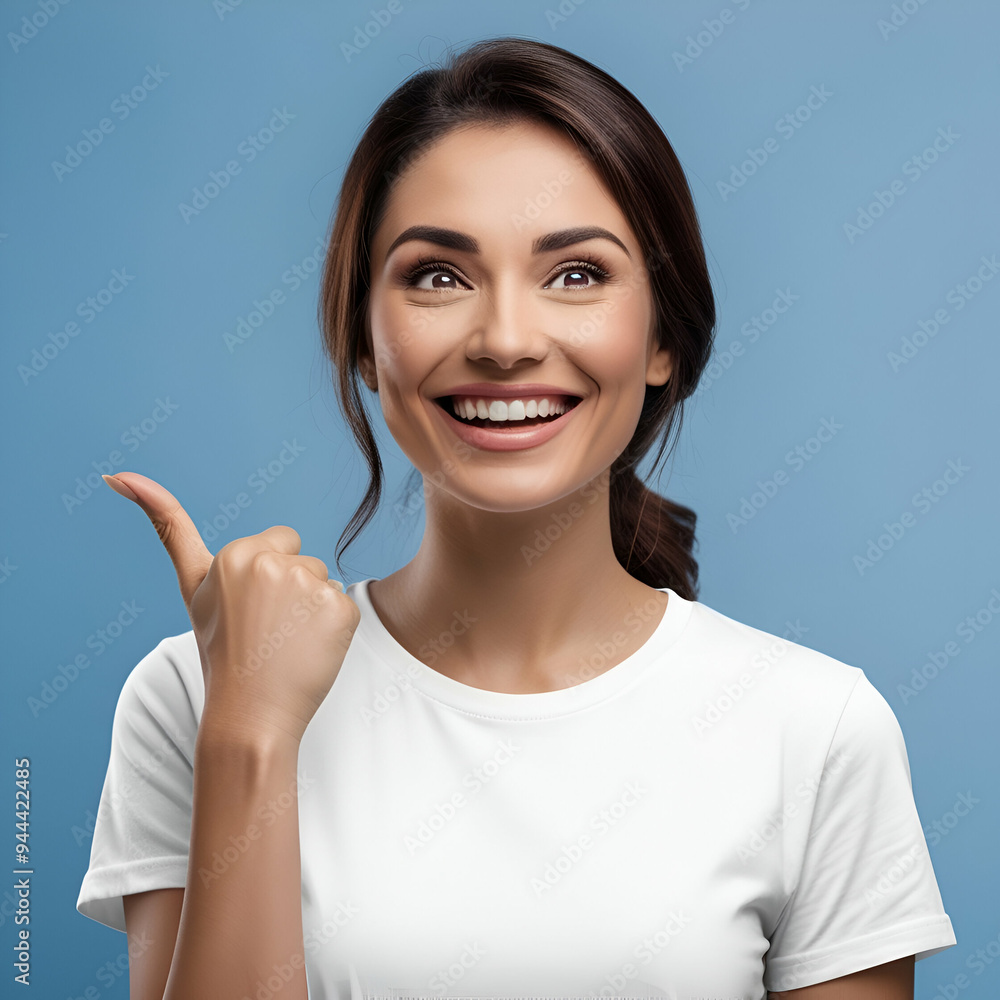 Joyful Young Woman in White T-Shirt Against a Blue Background: A Portrait of Sincerity and Positivity Joyful Young Woman in White T-Shirt Against a Blue Background: A Portrait of Sincerity and Positivity