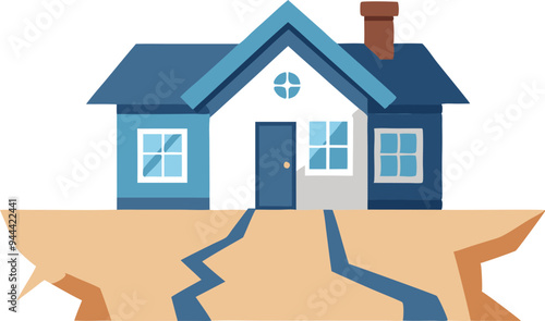 House on a cracked surface representing structural damage, instability, and risk in a flat vector design