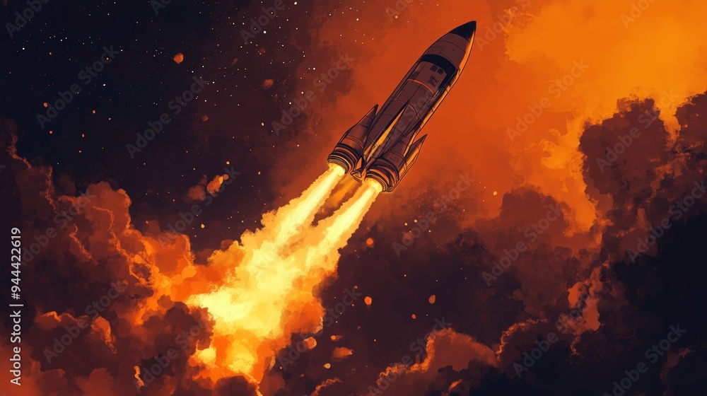 A rocket launches into a fiery orange sky, surrounded by billowing clouds of smoke during an evening ascent into space A rocket launches into a fiery orange sky, surrounded by billowing clouds of smoke during an evening ascent into space